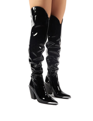 Honor Black Patent Western Block Heeled Knee High Boots