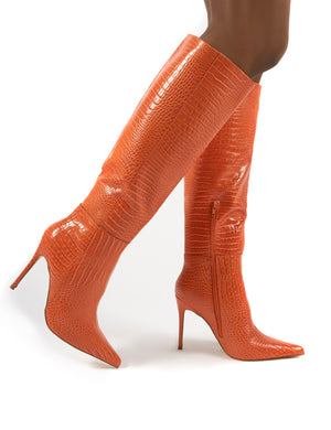 Aimi Orange Croc Knee High Stiletto Heel Boots