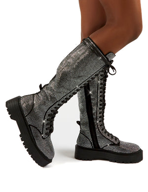 Bitter Sweet Black Diamante Lace Up Knee High Chunky Boots
