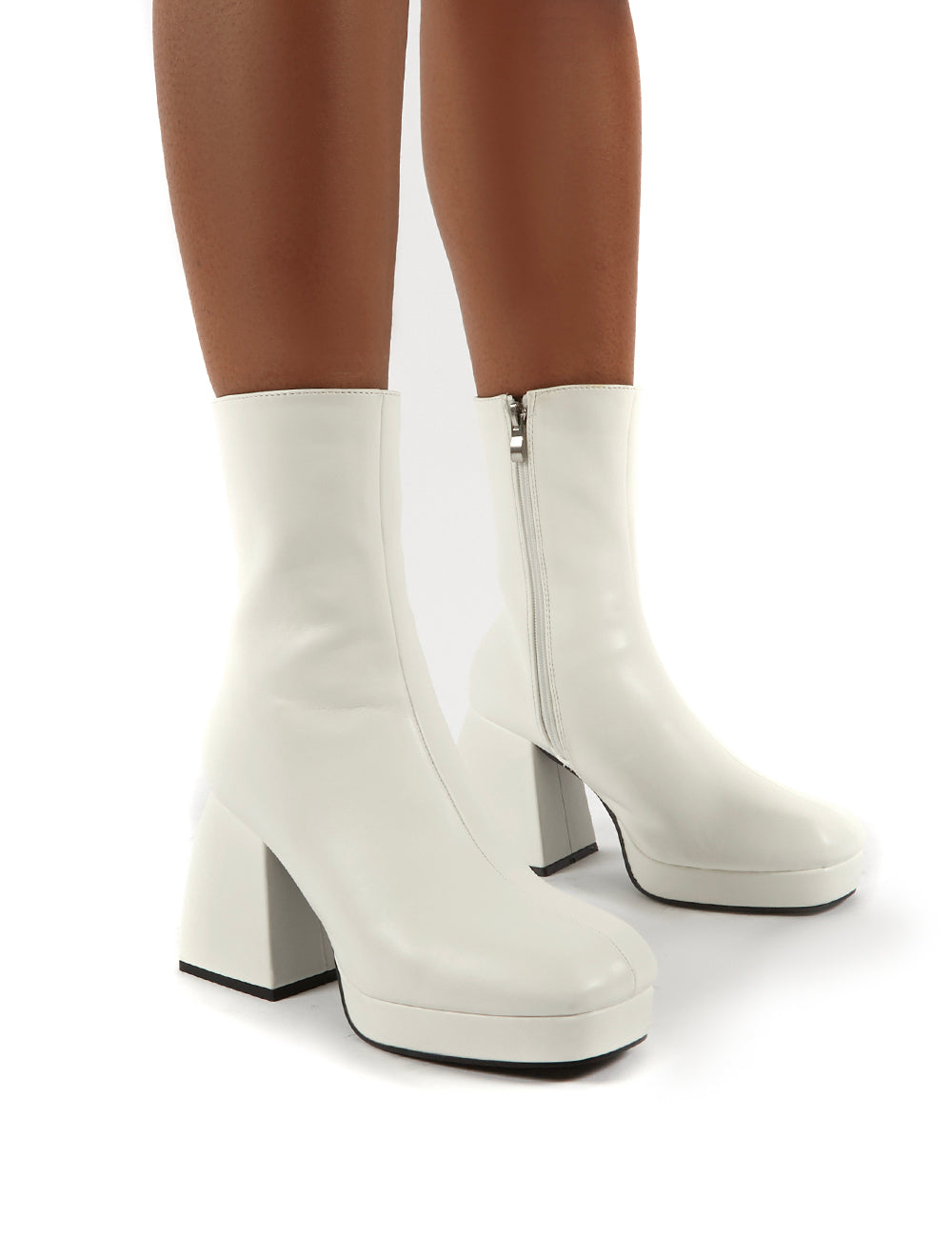 Addilyn White Chunky Heel Ankle Boots Public Desire