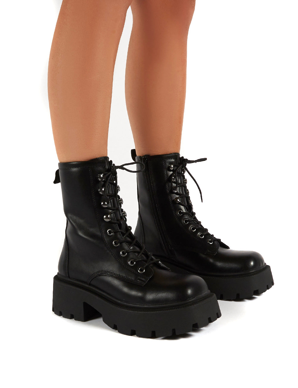 Leader Black Lace Up Chunky Sole Biker Boots Public Desire