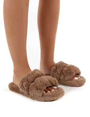 Minky Tan Fluffy Double Strap Slippers