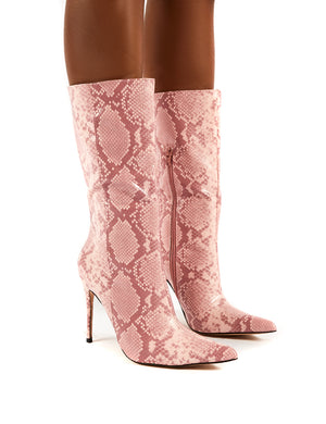 Mystic Pink Snake Knee High Stiletto Heel Boots
