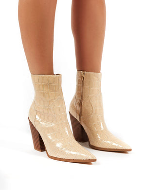 Shannon Beige Patent Croc Ankle Boots
