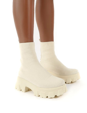 Trust Ecru Chunky Platform Sole Sock Ankle Boots