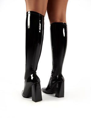 Caryn Black Vinyl Block Heeled Knee High Boots | Public Desire