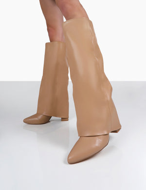 Zendaya Nude Pointed Toe Knee High Block Boots