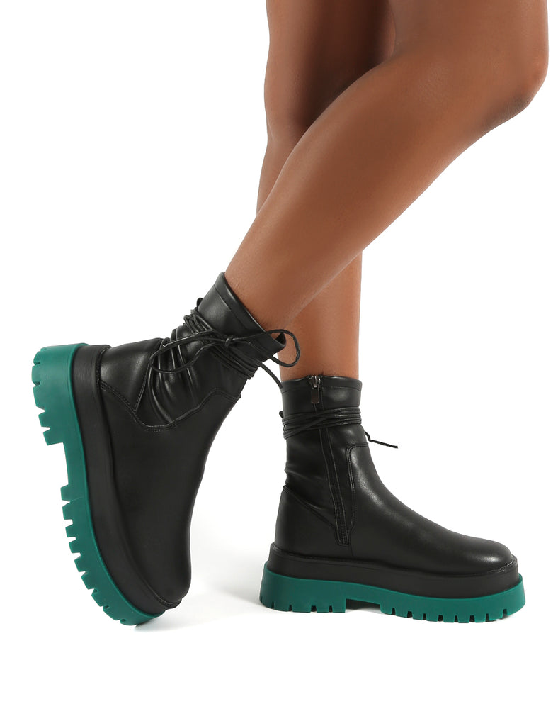 Finale Black Pu Green Chunky Sole Ankle Wrap Boots Public Desire