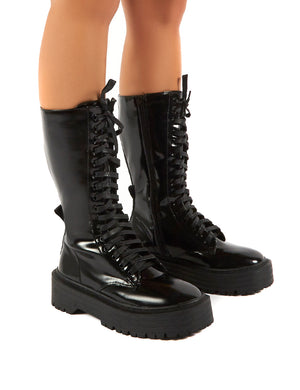 Kendall Smooth Black PU Lace Up Chunky Knee High Boots
