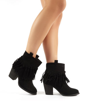 Jossa Black Faux Suede Fringed Heeled Western Ankle Boots