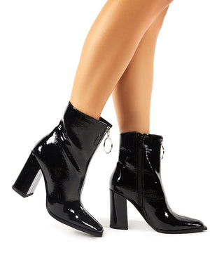 Payback Black Crinkle Patent Zip Up Block Heeled Ankle Boots