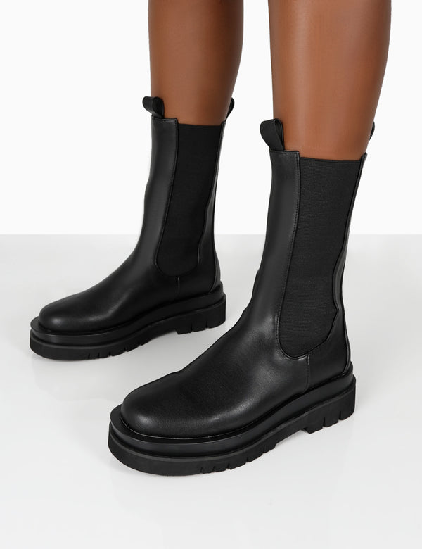 Dope Black PU Chunky Sole Chelsea Ankle Boots