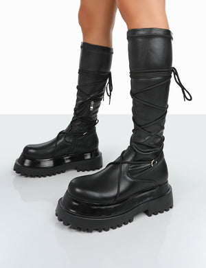 Hype Black Pu Lace up Chunky Sole Knee High Boots Public Desire