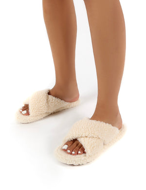 Cozee Cream Fluffy Teddy Cross Over Strap Slippers