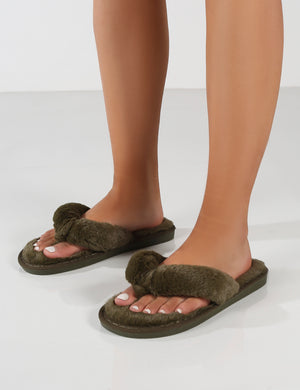 Cuddle Khaki Green Thong Strap Faux Fur Slippers