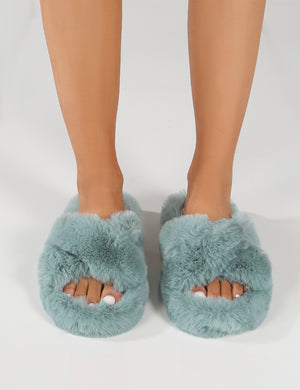 Fluffy Light Blue Cross Over Slipper