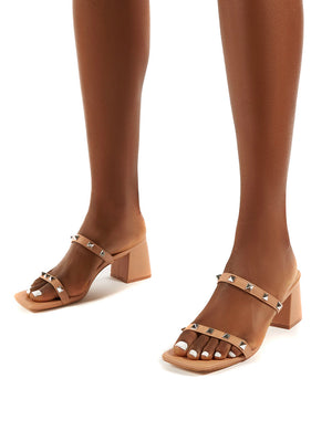 Forever Nude Square Toe Studded Strap PU Block Heel Mule Sandals