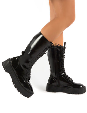 Kendall Smooth Black PU Lace Up Chunky Knee High Boots