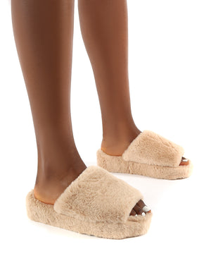Snoozie Nude Faux Fur Chunky Platform Sole Sliders