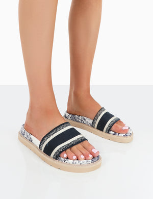 Toile Navy Embroidered Print Slide Sandals