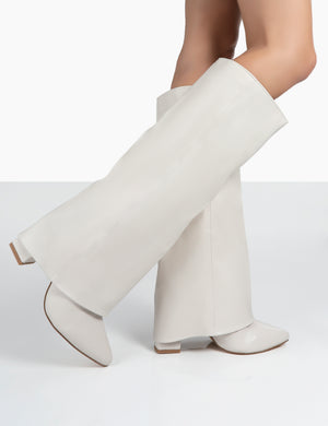Zendaya Ecru Pointed Toe Knee High Block Boots