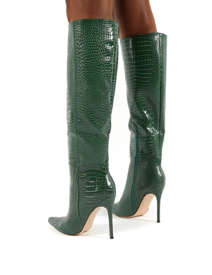 Aimi Green Croc Knee High Stiletto Heel Boots