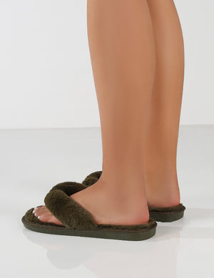 Cuddle Khaki Green Thong Strap Faux Fur Slippers