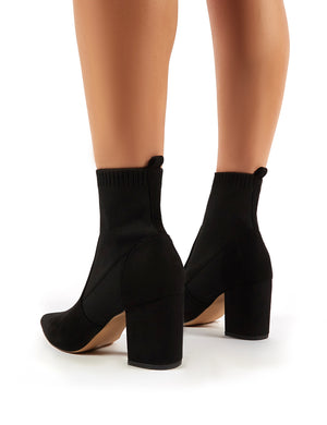 Nuala Black Suede Block Heeled Knitted Sock Fit Ankle Boots