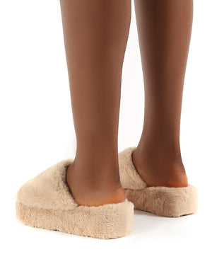 Snoozie Nude Faux Fur Chunky Platform Sole Sliders