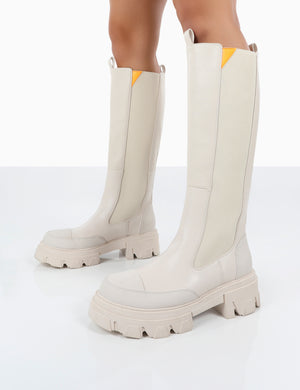 Kenza X Public Desire Survive White Pu Chunky Sole Orange Upper Knee High Boots