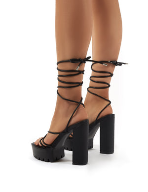 Spaghetti Black Lace Up Cleated Platform Block High Heels