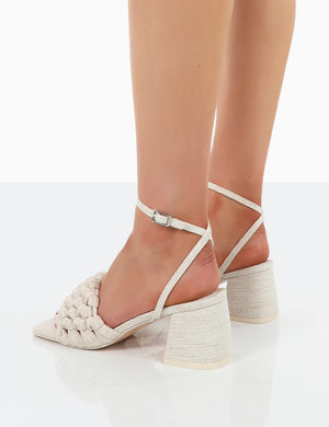 Got This Natural Linen Woven Square Toe Block Mid Heeled Mule Sandals