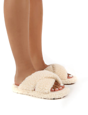 Cozee Cream Fluffy Teddy Cross Over Strap Slippers