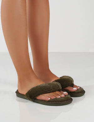 Cuddle Khaki Green Thong Strap Faux Fur Slippers