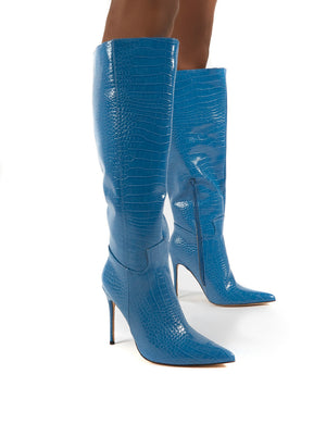 Go Wide Fit Blue Knee High Pointed Toe Stiletto Heeled Boots
