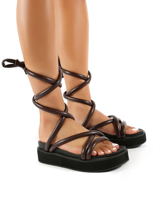 Jolly Choc Drench PU Weaved Ankle Strap Detail Chunky Sandals
