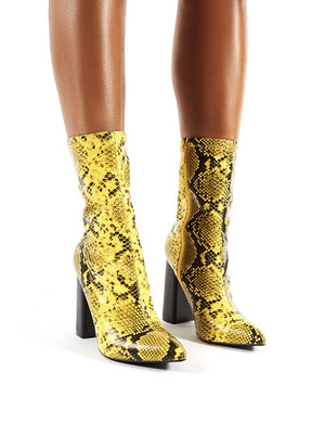 Libby Flared Heel Sock Fit Ankle Boots in Mustard Snakeskin