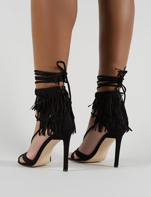 Montana Fringed Lace Up Heels in Black Faux Suede
