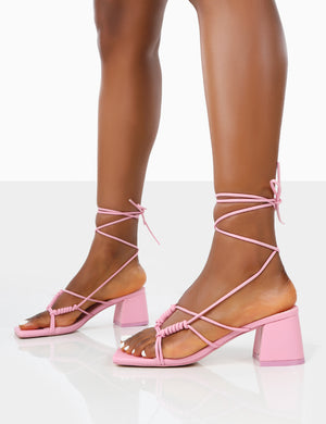 Fanatic Baby Pink PU Square Toe Lace Up Block Mid Heeled Sandals