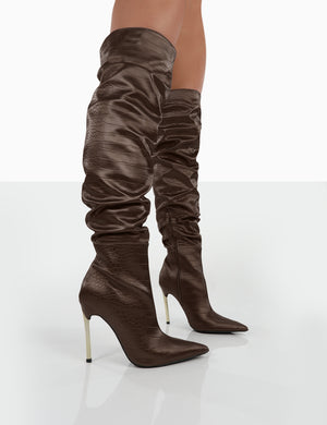 Energy Choc Croc PU Pointed Toe Stiletto Over The Knee Heeled Boots