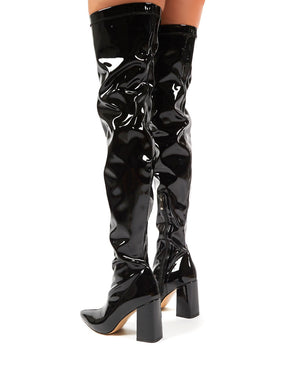 Damn Black PU Thigh High Heeled Boots