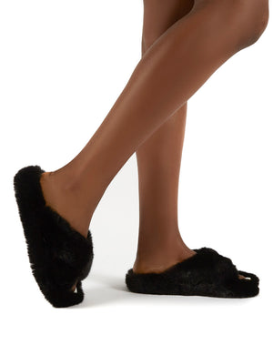 Snuggles Black Fluffy Faux Fur Slippers