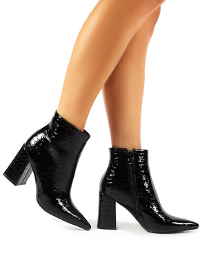 Hollie Pointed Toe Ankle Boots in Black Croc