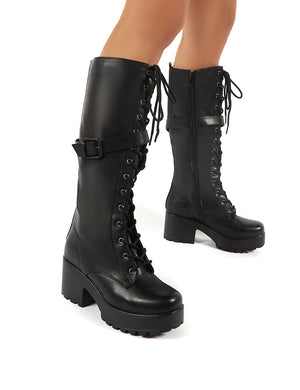 Melody Black Lace Up Chunky Heeled Knee High Boots