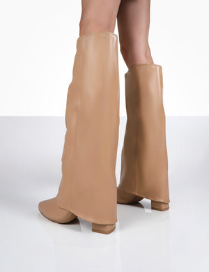 Zendaya Nude Pointed Toe Knee High Block Boots
