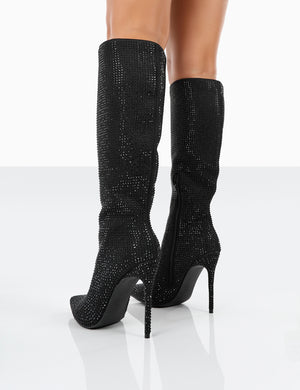 Lexi Black Diamantes Pointed Toe Stiletto Knee High Boots