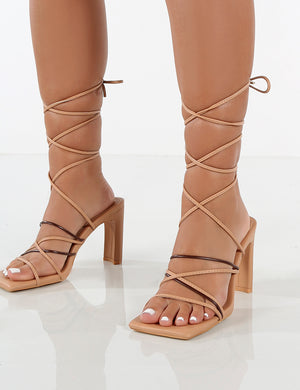 Amethyst Nude and Choc PU Lace Up Ankle Strap Thin Block Heels