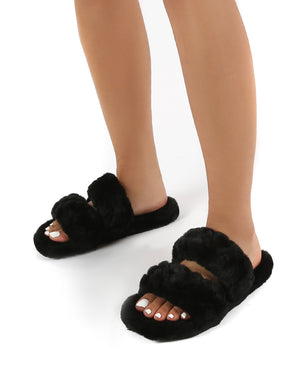 Minky Black Fluffy Double Strap Slippers