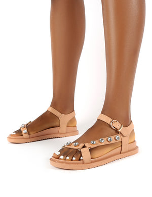 Sadie Beige Jewel Detail Flat Sandal