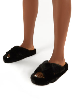 Snuggles Black Fluffy Faux Fur Slippers